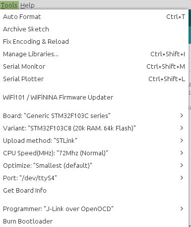 Menu Arduino desplegado Opciones Arduino para STM32 con st-link